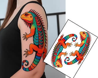 Vibrant Curled Lizard Temporary Tattoos – Set of 2 – 4.5x2 Inches Each – Festival Fake Tattoo for Arm or Elbow – Inkwear