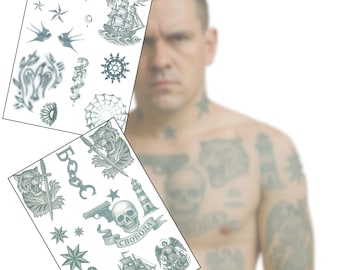 Tatuajes temporales realistas de una prisión rusa: aspecto envejecido y descolorido. Tatuajes falsos para cine, televisión, teatro y cosplay de Halloween.
