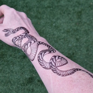 Può includere: Un tatuaggio temporaneo in bianco e nero di un serpente avvolto attorno al braccio di una persona.
