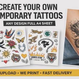 Crea tus propios tatuajes temporales – Hoja A4 personalizada – Sube cualquier diseño, logotipo o texto – Tatuajes falsos realistas con acabado mate – Envío en 1 día (Reino Unido)