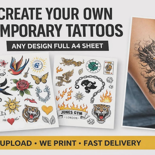 Create Your Own Temporary Tattoos – Custom A4 Sheet – Upload Any Design, Logo or Text – Matte Realistic Fake Tattoos –1 Day Dispatch USA