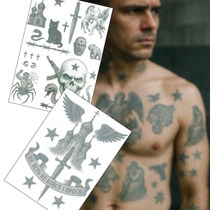 Realistic Russian Prison Tattoos – Set 2  Ultra-Real Fake Tattoos for Film, Theatre, Halloween Cosplay – No Shine, Copyright-Free for TV Use