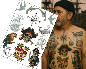 May include: A sheet of temporary tattoos featuring nautical and pirate-themed designs. Includes a parrot, skull, ship, compass, anchor, and the words "True Love" and "Yo Ho Ho". The tattoos are in various colors and styles.