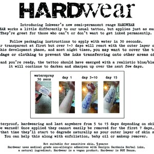 May include: A black and white informational sheet about HARDWEAR semi-permanent tattoos. The sheet explains how to apply the tattoos, how long they last, and how to remove them. The sheet also includes images of the tattoos at different stages of application.