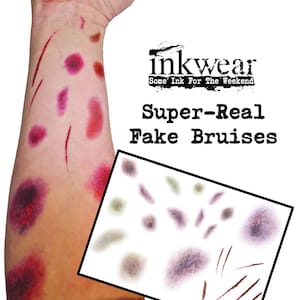 May include: A sheet of fake bruises and cuts for Halloween costumes or special effects makeup. The sheet shows various sizes of bruises in shades of purple, blue, and green, as well as several red cuts. The text "inkwear Some Ink For The Weekend Super-Real Fake Bruises" is printed on the sheet.