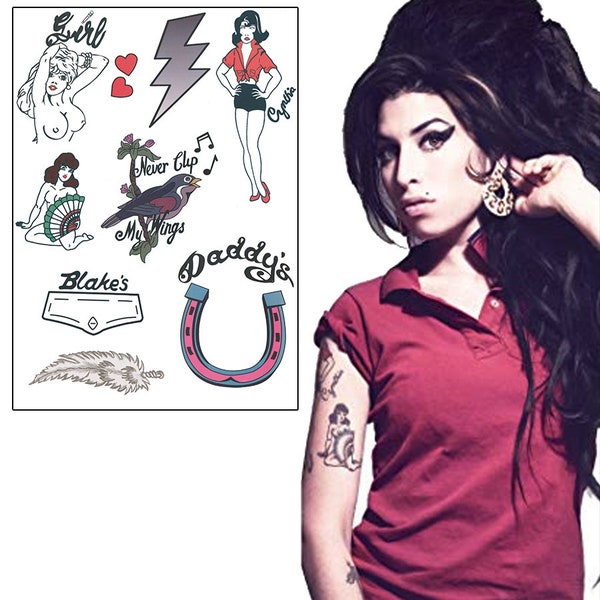 Faux tatouages inspirés par Amy Winehouse | Taille réelle | Déguisement d'Halloween | LIVRAISON RAPIDE | Sans danger pour la peau