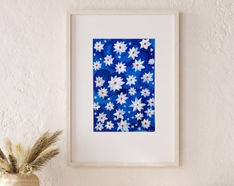Blue White Flowers/ Original Handmade Art / Acrylic Painting on Paper/ Wall Art