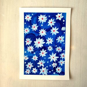 Blue White Flowers/ Original Handmade Art / Acrylic Painting on Paper/ Wall Art image 7