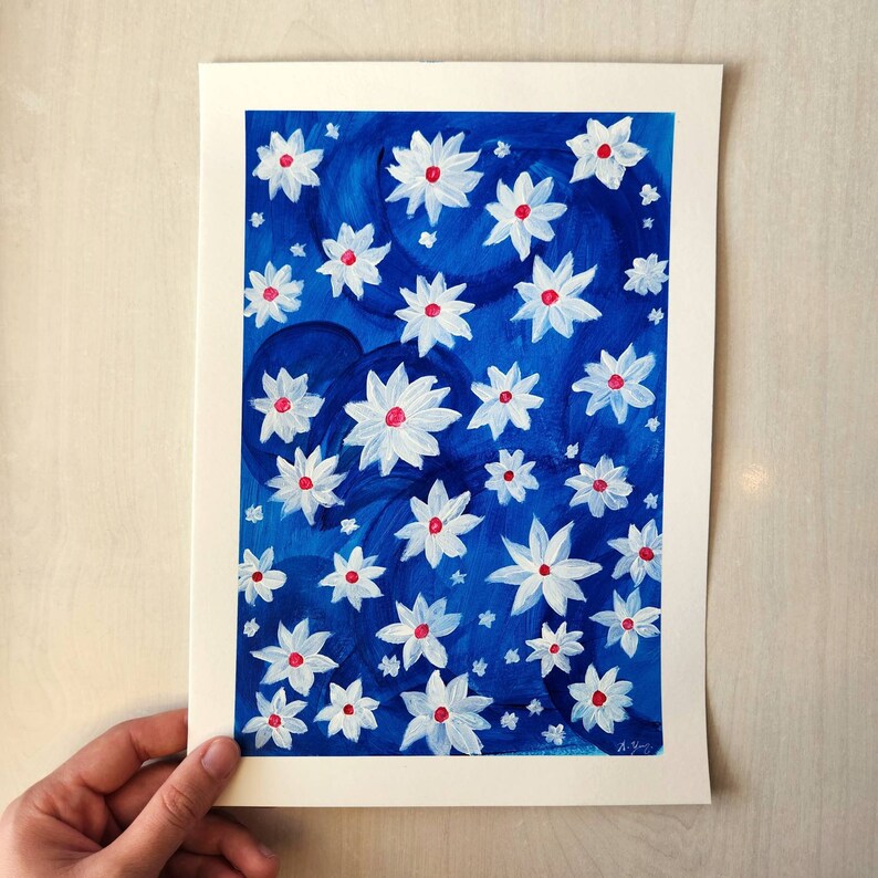 Blue White Flowers/ Original Handmade Art / Acrylic Painting on Paper/ Wall Art image 2