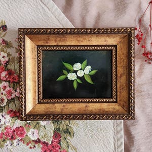 Framed White Roses Art Print: Small Vintage Gold Frame