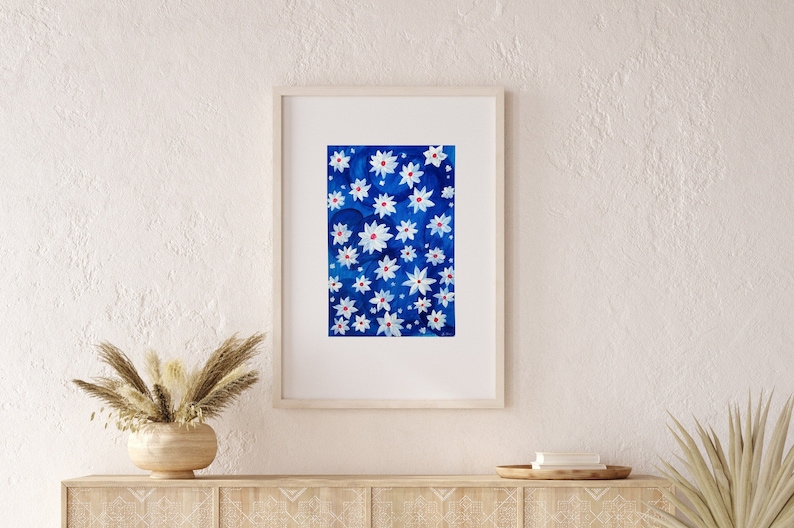 Blue White Flowers/ Original Handmade Art / Acrylic Painting on Paper/ Wall Art image 1