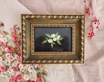 Vintage Framed  Art Print, White Roses Tiny Painting,Vintage Style Art, Small  Rustic Farmhouse Wall Art, Painting Gift