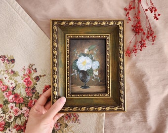 Vintage Framed  Art Print, White Roses Tiny Painting,Vintage Style Art, Small  Rustic Farmhouse Wall Art, Painting Gift