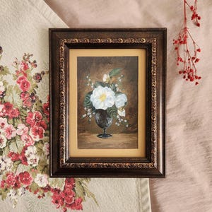 Small Framed  Art Print, Vintage Style White Roses Tiny Painting,Vintage Look Art Print, Small  Rustic Farmhouse Wall Art, Housewarming Gift