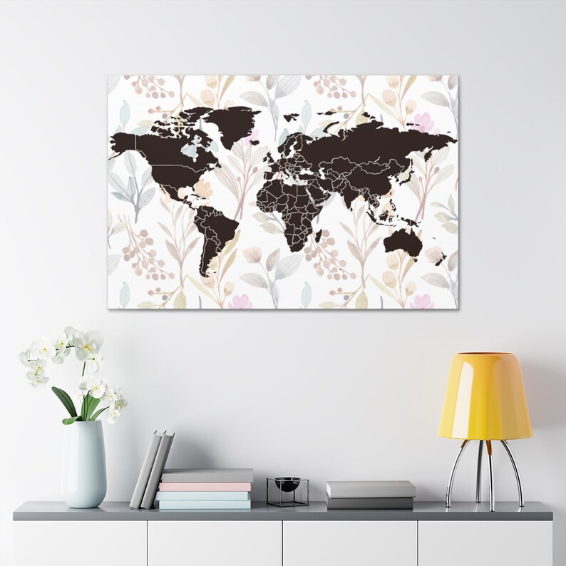 Floral Leaves Watercolor World Map Canvas Print 11 - Etsy