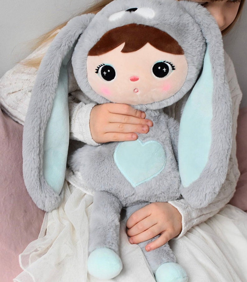 Peluche lapin XXL personnalisable Metoo 48 cm avec nom cadeau de naissance, d'anniversaire et de baptême grau/mint