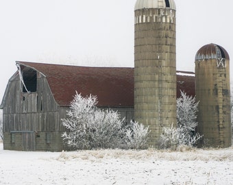 Barn and Silo: Wisconsin Winter Farm Landscape Photo (Digital Download).