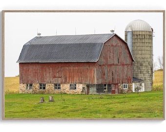 Red Barn and Silo Print: Wisconsin Farm Landscape Photography (Digital Download).