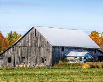 Barn and Bales of Hay Photo: Rustic Autumn Landscape (Digital Download).
