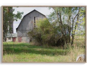 Gray Barn with an old tire in the corner. Vintage Barn Photography. (Digital Download).