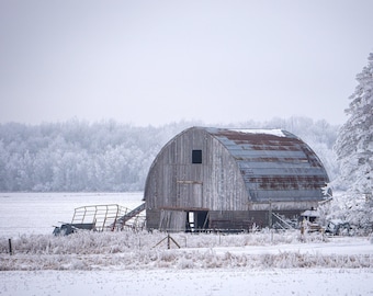 Winter Gray Barn Photo: Frosty Winter Landscape (Digital Download).