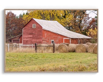 Red Barn and Bales of Hay: Fall Landscape Photo. Wisconsin Barn Art (Digital Download).