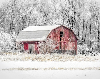 Winter Barn Photo: Rustic Red Barn in Snow (Digital Download)