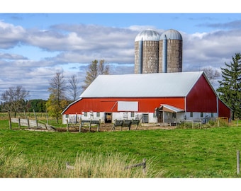 Red Barn Photo with Rain Clouds: Wisconsin Farm Photo. (Digital Download).
