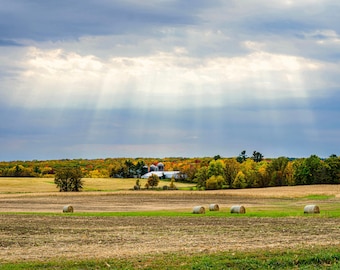 Fall Landscape Photo: Hay Bales in Field. Autumn Barn Print (Instant Download).