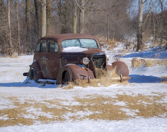 Antique Rusty Car in Snowy Field Photo (Digital Download).