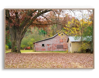 Red Barn Fall Landscape Photo: Vintage Tractor. Americana. (Digital Download)