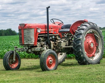 Antique Red Tractor Photo: Old tractor in farm field. (Digital Download).
