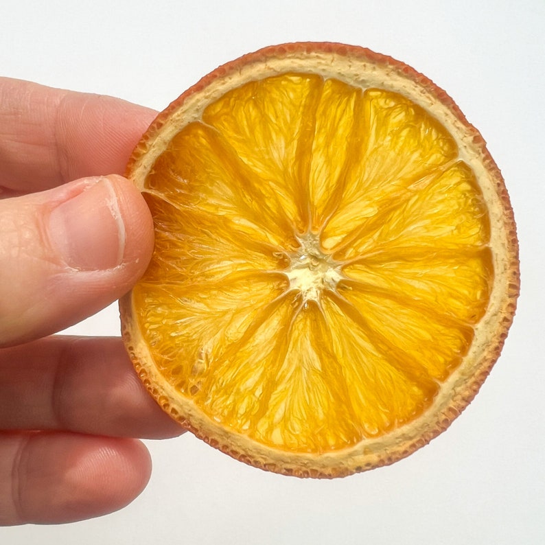 May include: A dried orange slice, held against a white background. The orange is a vibrant yellow-orange color with a darker, reddish-brown rind. The texture of the orange is visible, with radial segments and a slightly translucent appearance. Ideal for crafts or decoration.