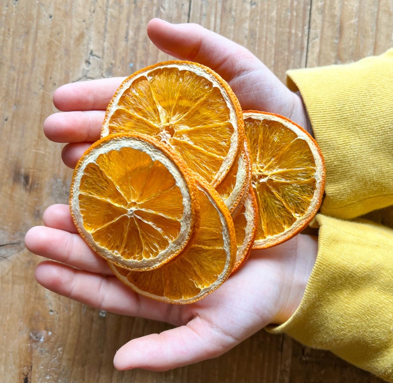 May include: A handful of dried orange slices, showcasing a vibrant orange hue with a lighter, almost white, outer ring. The slices are held against a wooden background, with a person wearing a yellow long-sleeved shirt.