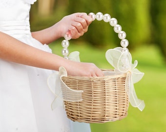 Flower Girl Basket with White Pearl Chain, Boho Jr Bridesmaid Baskets, Rustic Wedding Hand Woven Basket, Vintage Beige Willow Moss Basket