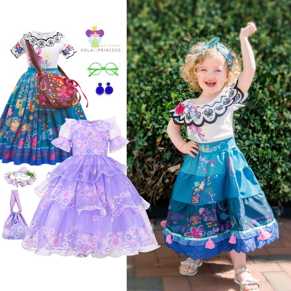 Vestido de fiesta de cumpleaños de Mirabel inspirado en Encanto + bolso, traje de princesa Isabela + corona floral, peluca. Disfraz de Cosplay para niñas pequeñas y niños pequeños