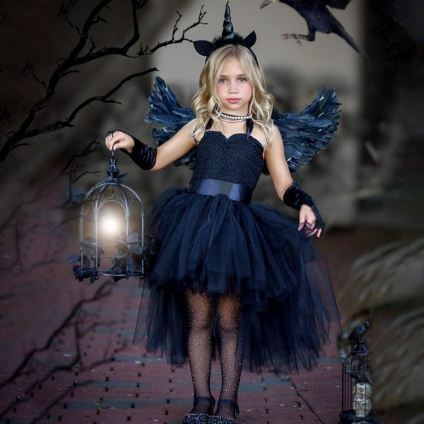 Halloween Kostüm für Mädchen, Schwarzes Tüll Tutu Kleid mit Flügeln & Einhorn Stirnband, Dark Angel Outfit, Kleinkind Gothic Prinzessin, Süßes oder Saures