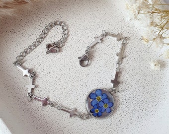 Forget me not bracelet, silver chain bracelet with cross, boho birthday present