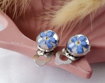 Forget me not clip-on earrings, pressed flower jewellery for women, birthday gift for her