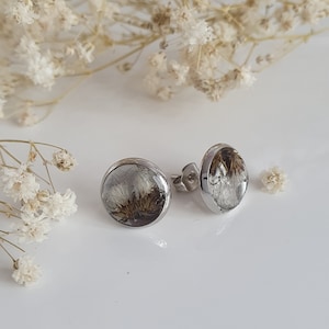 May include: A pair of silver stud earrings with a clear resin setting featuring dried white and brown flowers.