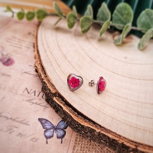 May include: A pair of silver heart-shaped earrings with a pink flower pressed inside each heart.