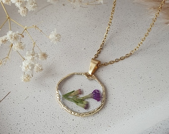 Golden hammered necklace, floral round pendant, non tarnish jewelry for women
