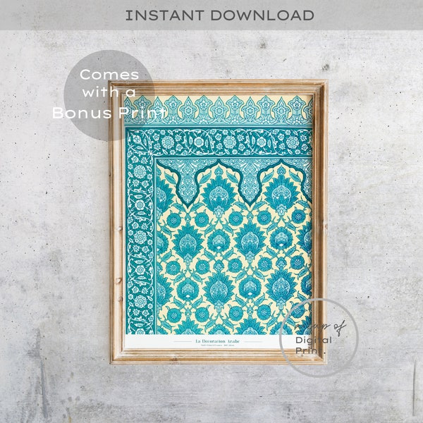 Vintage Arabic Pattern Printable Wall Art, Antique Arab Print, Middle Eastern Artwork, Indian Boho Blue Livingroom Decor, Digital Download