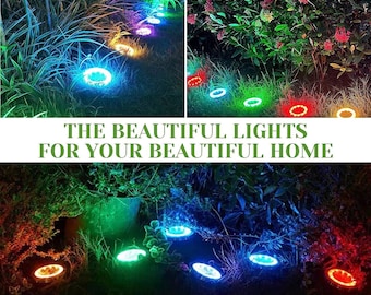 Lampy solarne do ogrodu, 8 diod LED – do użytku na zewnątrz, na podłogę, taras, do ogrodu, na trawnik, do ścieżki, kolory: ciepła biel, zimna biel i RGB