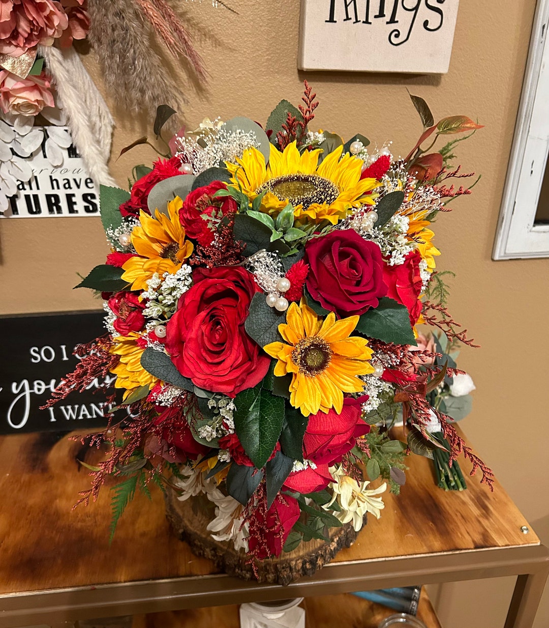 Sunflowers and Red Roses Cascade Bouquet Etsy