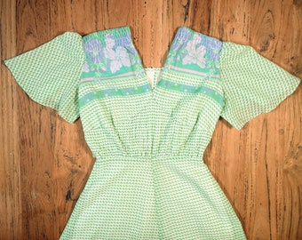Vintage 70s handmade green printed long dress