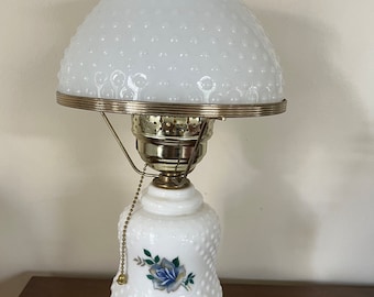 Hobnail Milk Glass Hurricane Table Lamp Blue Floral Design