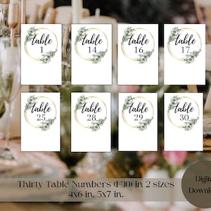 Gold Circle Greenery Table Numbers, Table Number Sign, Eucalyptus Wedding Table Numbers, Printable Number Cards, 4x6, 5x7