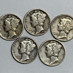 Randomly selected 90% Silver Mercury Dime 1916-1945, Good or higher grade, readable dates, no holed, bent or cull coins