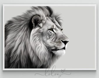 May include: A framed black and white print of a lion's head in profile. The lion has a full mane and is set against a light gray background. The print is rectangular and has a white border.